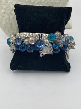 4.21.26-19 Sea themed Blue Beaded Charm Cha Cha Accordion Bracelet